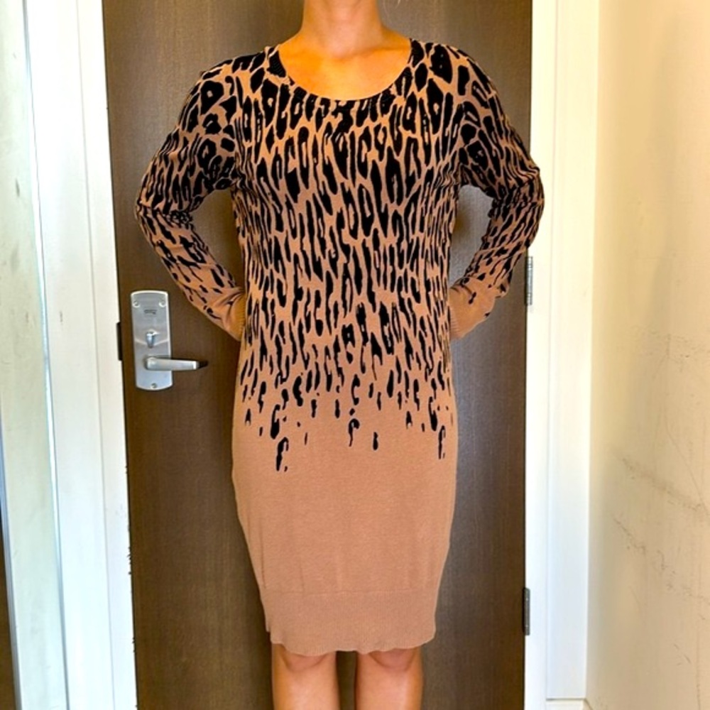 VENUS Super Soft Knit Leopard Long Sleeve Sweater Dress Buttons in Back